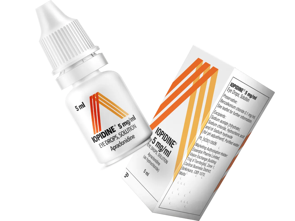 A picture of the IOPIDINE® 5 mg/ml bottle and its packaging